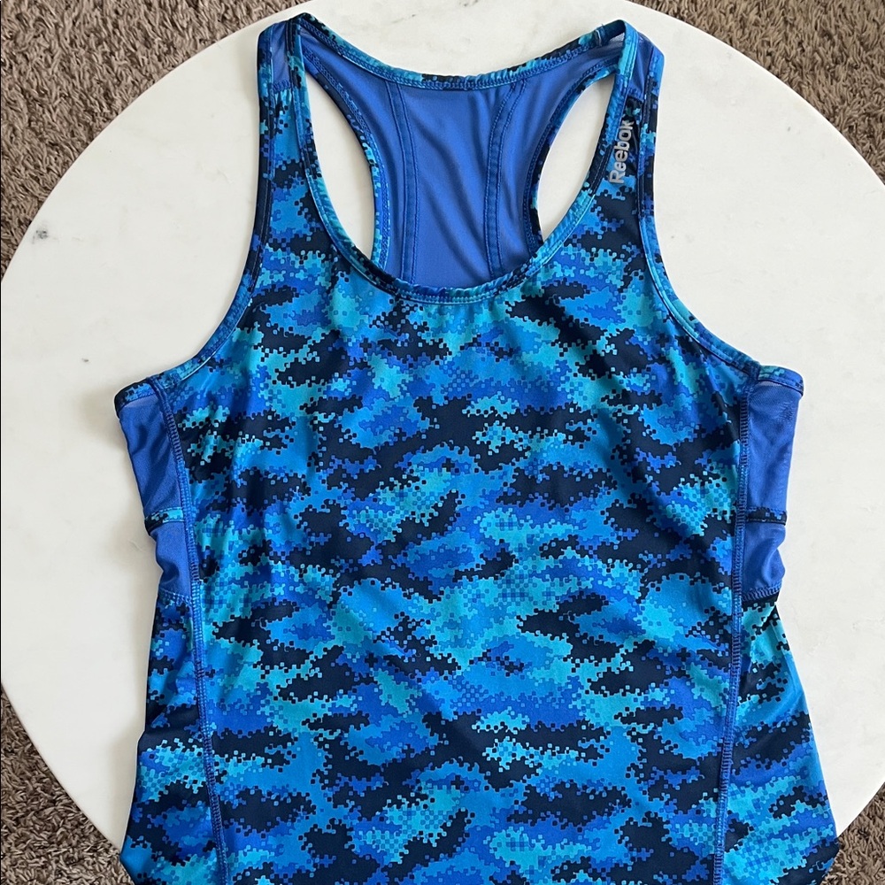 Reebok Tank Top Medium Turquoise Blue Black Racerback Sheer